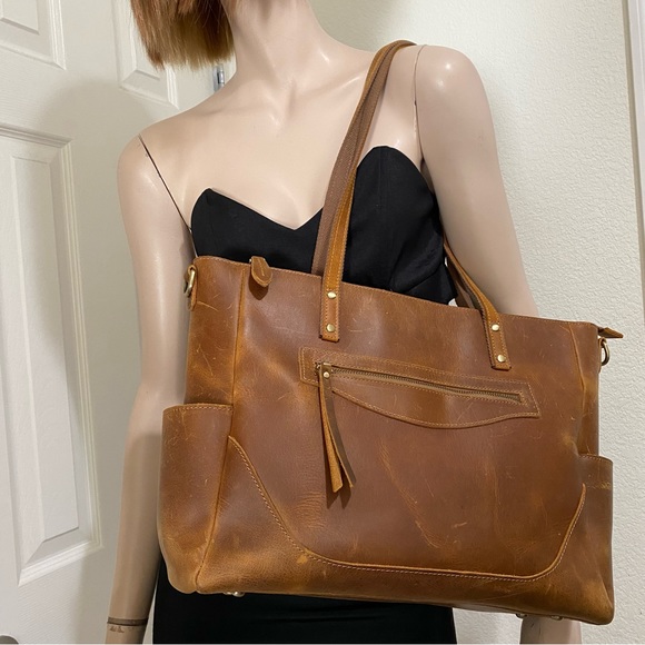 S-Zone Distressed Genuine Leather Tote Bag Cowhide Leather Laptop Travel Bag - Picture 6 of 16